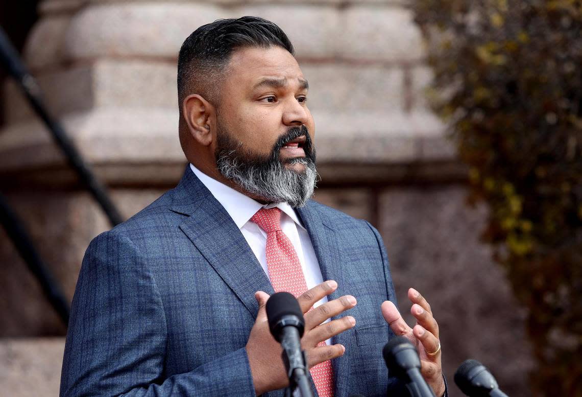 Attorney Benson Varghese answers questions from the media during a press conference on Thursday, Dece. 8, 2022. Varghese was retained by Athena Strand’s mother to seek accountability for the 7-year-old’s death last week, allegedly at the hands of a FedEx contract driver.