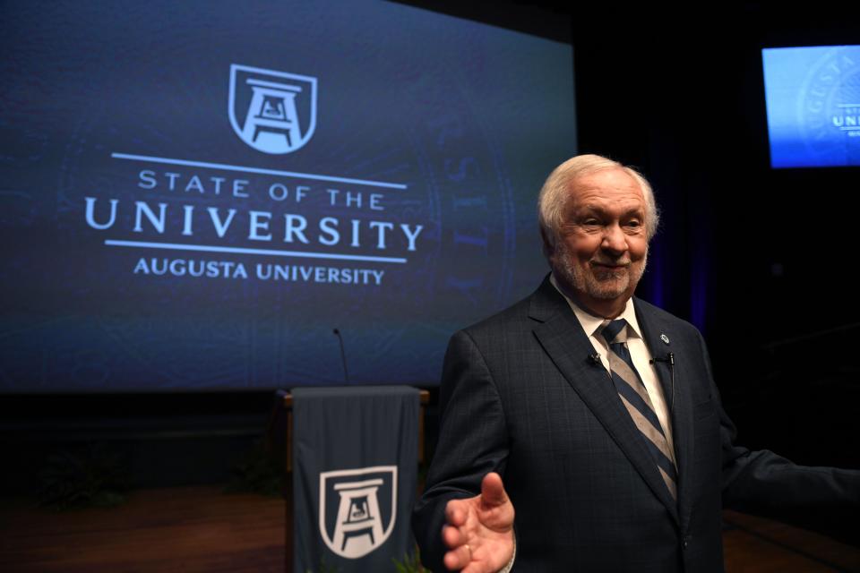 Augusta University President Dr. Brooks Keel speaks to the media after giving his final State of the University address inside the Maxwell Theatre at Augusta University Summerville on Wednesday, May 15, 2024.