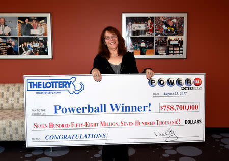 Mavis Wanczyk of Chicopee, Massachusetts, the winner of the $758.7 million Powerball jackpot is pictured in Braintree, Massachusetts, U.S. in this August 24, 2017 handout photo. Massachusetts State Lottery/Handout via REUTERS ATTENTION EDITORS - THIS IMAGE WAS PROVIDED BY A THIRD PARTY.