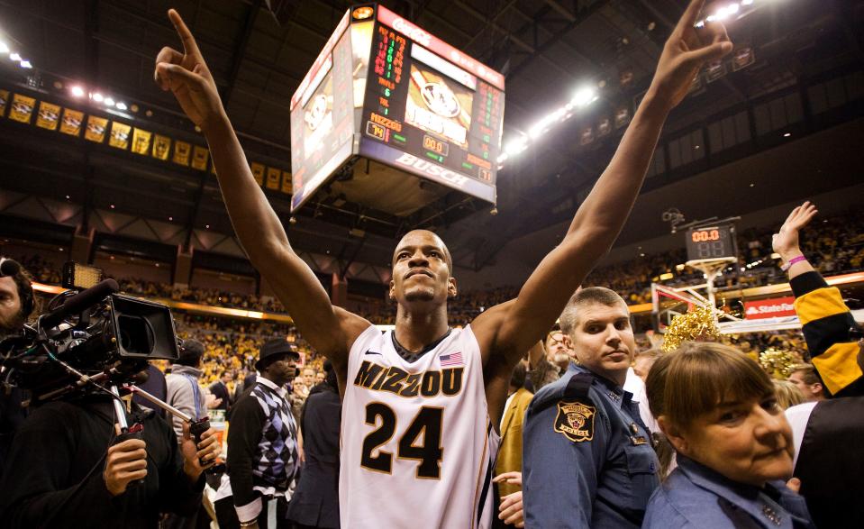 Missouri's Kim English celebrates as he walks off the court after his team defeated Kansas 74-71 in an NCAA college basketball game on Saturday, Feb. 4, 2012, in Columbia, Mo.