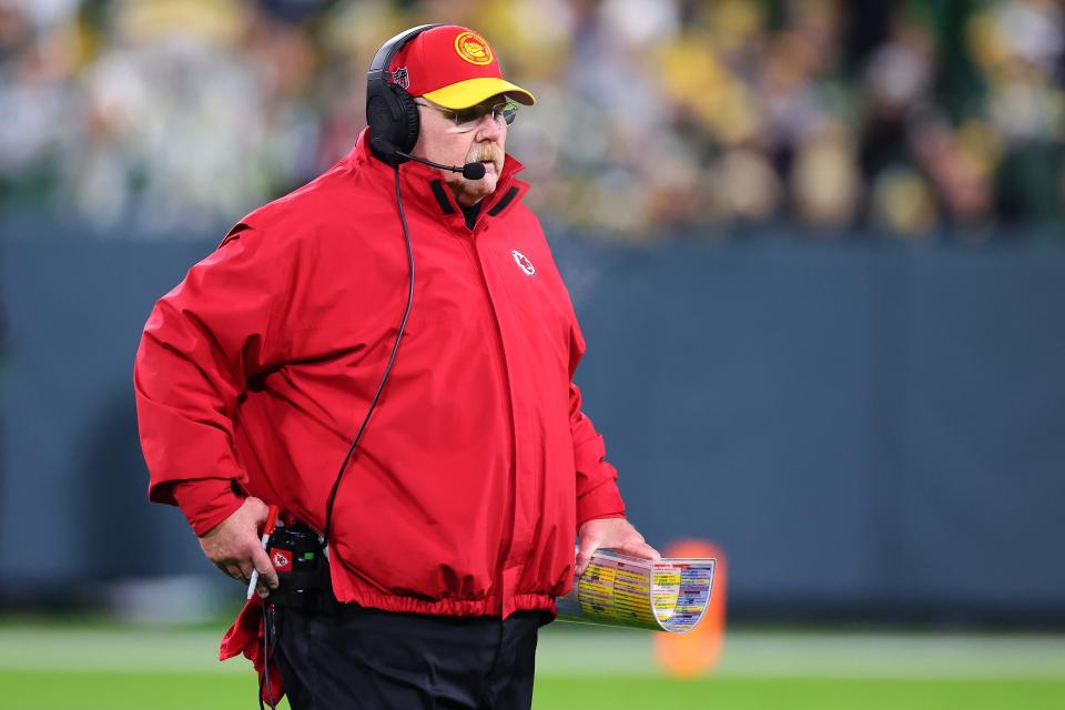 GREEN BAY, WISCONSIN - DECEMBER 03: Head coach Andy Reid of the Kansas City Chiefs walks across the field during a game against the Green Bay Packers at Lambeau Field on December 03, 2023 in Green Bay, Wisconsin. (Photo by Stacy Revere/Getty Images)
