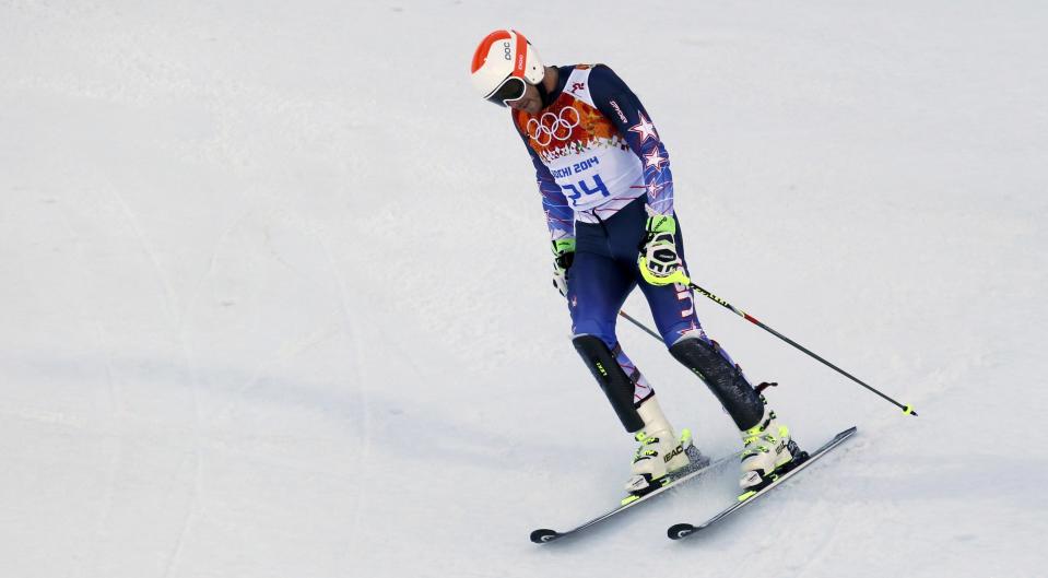 Bode Miller of the U.S. reacts after the slalom run of the men's alpine skiing super combined event at the 2014 Sochi Winter Olympics at the Rosa Khutor Alpine Center February 14, 2014. REUTERS/Stefano Rellandini (RUSSIA - Tags: SPORT SKIING OLYMPICS)