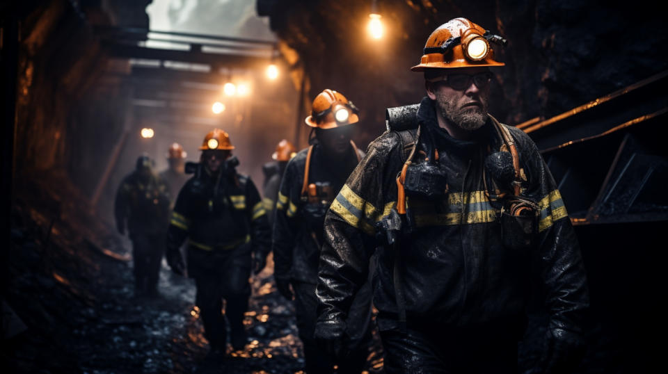 A group of miners in hard hats and safety gear descending into a deep coal mine.