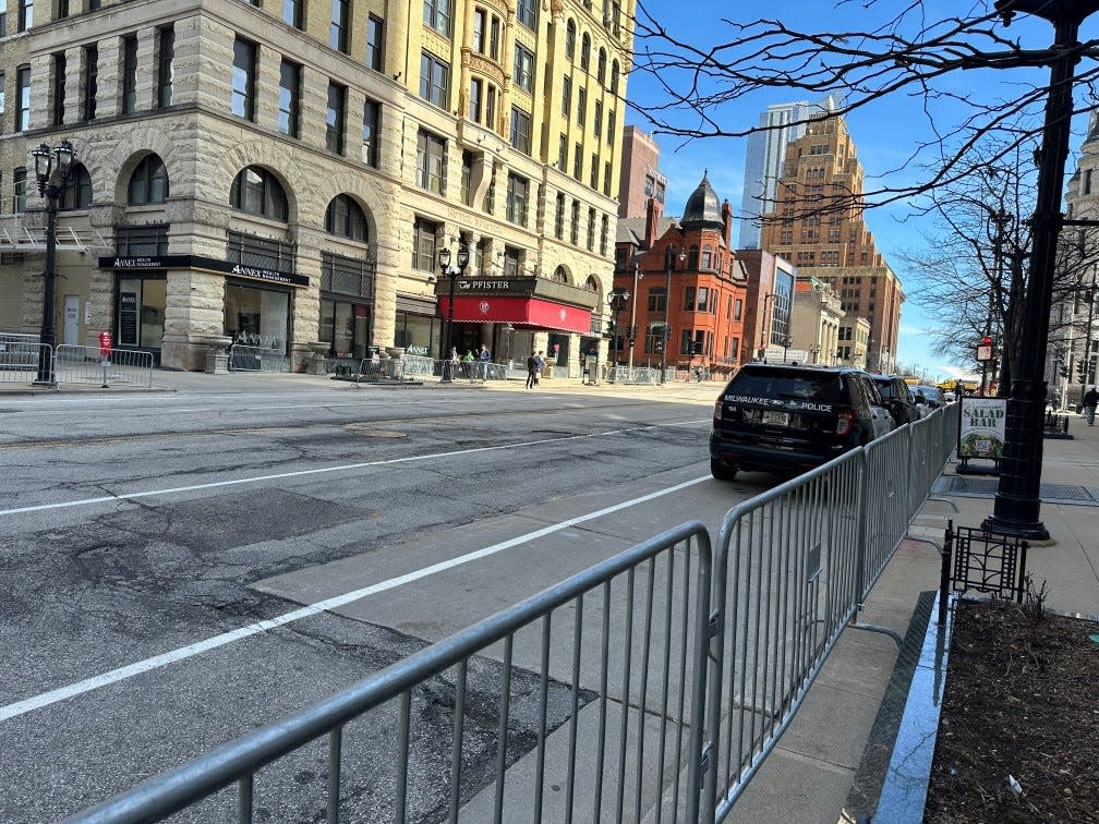 Barricades are set up in downtown Milwaukee related to President Joe Biden's visit Wednesday.