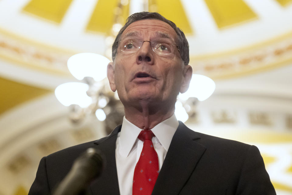 Sen. John Barrasso, R-Wyo., speaks after a policy luncheon on Capitol Hill, Tuesday, Feb. 27, 2024, in Washington. (AP Photo/Mark Schiefelbein)