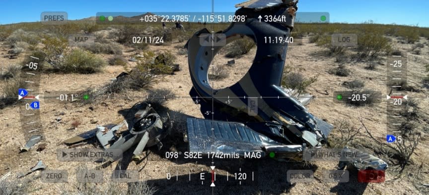 <em>Tail fin and fenestron image at the crash site near Halloran Spring, California (Credit: NTSB)</em>