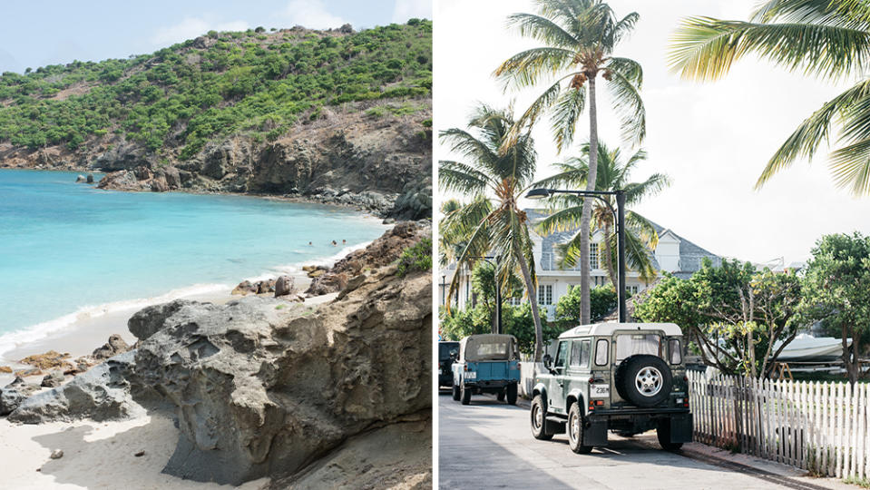 Colombier Beach, on St. Barts’ northwestern coast; palm trees line a street in downtown Gustavia