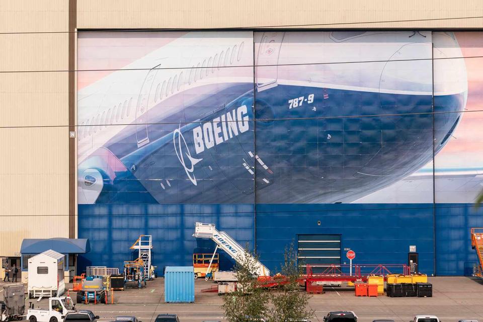 <p>Stephen Brashear/Getty</p> The Boeing Airplanes factory in Everett, Washington