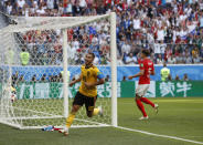 <p>Belgium’s Eden Hazard runs in celebration after scoring his side’s second goal during the third place match between England and Belgium at the 2018 soccer World Cup in the St. Petersburg Stadium in St. Petersburg, Russia, Saturday, July 14, 2018. (AP Photo/Petr David Josek) </p>