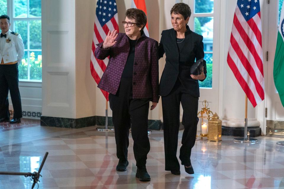 Billie Jean King (left) and her wife, Ilana Kloss, attend the State Dinner with President Joe Biden and India's Prime Minister Narendra Modi at the White House.