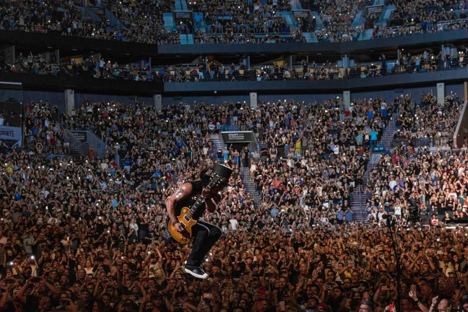 Slash of Guns N’ Roses, photographed at Spectrum Center in Charlotte during the rock band’s world tour concert on Tuesday night.