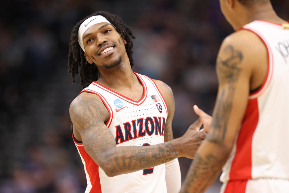 SALT LAKE CITY, UTAH - MARCH 23: Caleb Love #2 of the Arizona Wildcats celebrates defeating the Dayton Flyers 78-68 in the second round of the NCAA Men's Basketball Tournament at Delta Center on March 23, 2024 in Salt Lake City, Utah. (Photo by Christian Petersen/Getty Images)