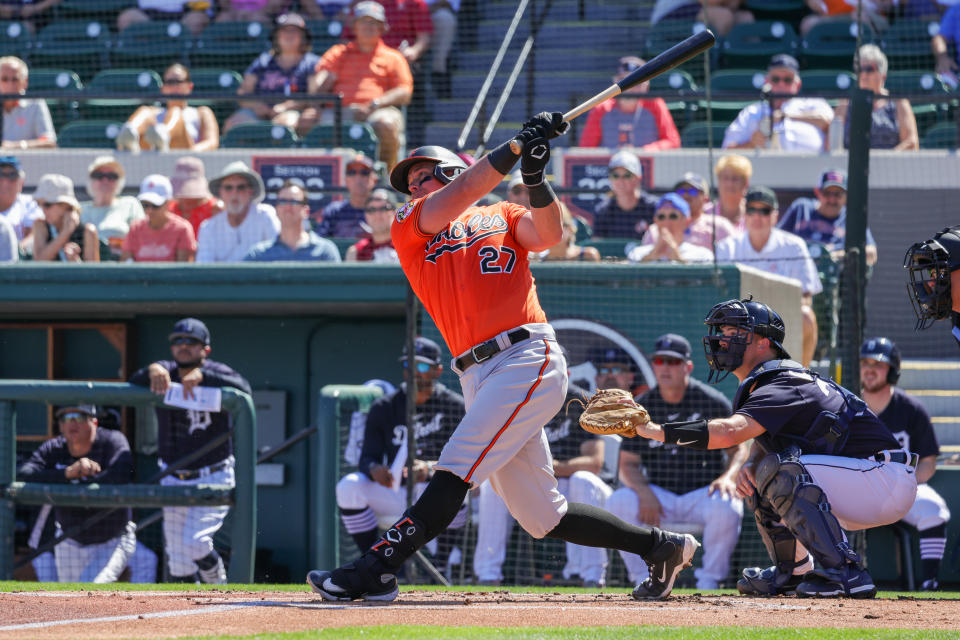 Feb 26, 2023; Lakeland, Florida, USA; Baltimore Orioles catcher James McCann (27) bats against the <a class="link " href="https://sports.yahoo.com/mlb/teams/detroit/" data-i13n="sec:content-canvas;subsec:anchor_text;elm:context_link" data-ylk="slk:Detroit Tigers;sec:content-canvas;subsec:anchor_text;elm:context_link;itc:0">Detroit Tigers</a> at Publix Field at Joker Marchant Stadium. Mandatory Credit: Mike Watters-USA TODAY Sports