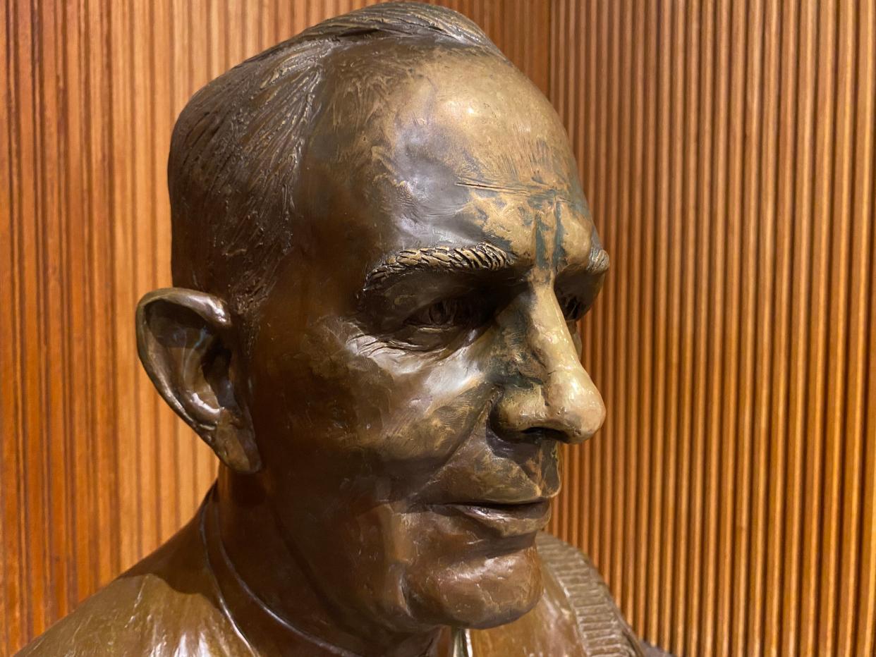 The bust of Hugh Morris, onetime U.S. district judge and University of Delaware graduate, in the lobby of Morris Library in Newark.