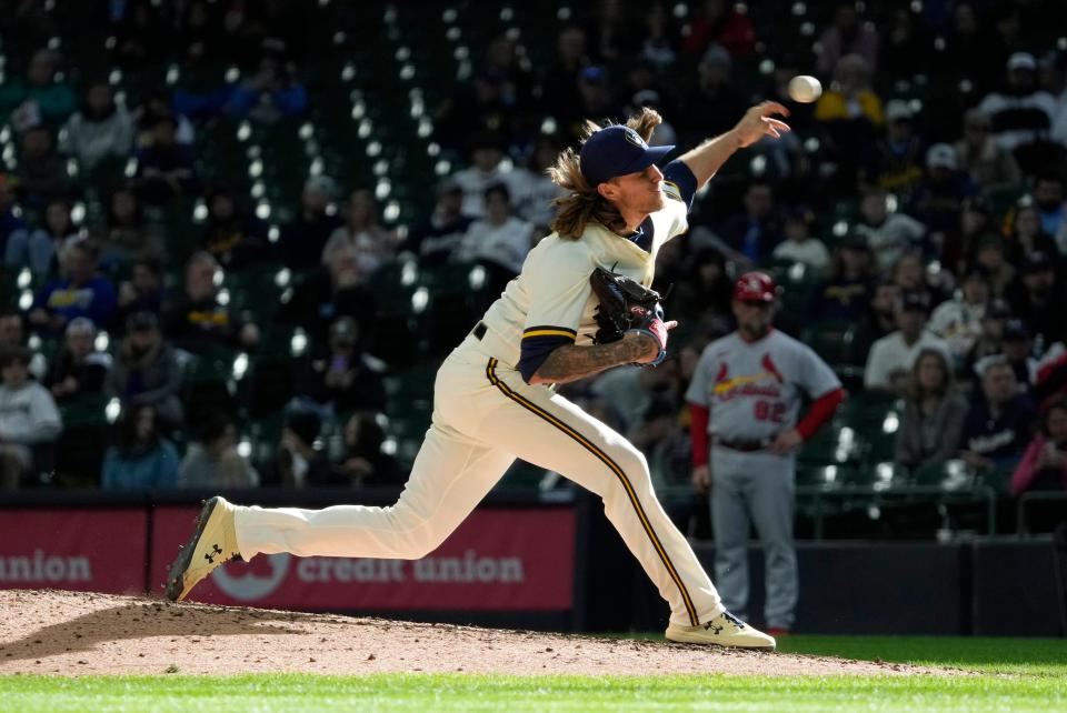Milwaukee Brewers relief pitcher Josh Hader (71) pitches during the ninth inning of their 6-5 win against the St. Louis Cardinals at American Family Field in Milwaukee on Sunday, April 17, 2022.
