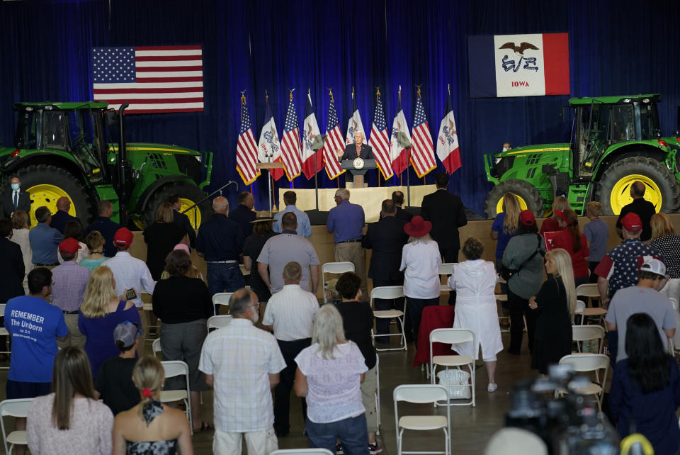FILE - In this Aug. 13, 2020, file photo Vice President Mike Pence speaks during the Farmers & Ranchers for Trump Coalitions launch in Des Moines, Iowa. The White House says the president and vice president observe federal health guidelines, as well as those in place in the states they visit. Trips are planned with input from the presidential medical staff. (AP Photo/Charlie Neibergall, File)