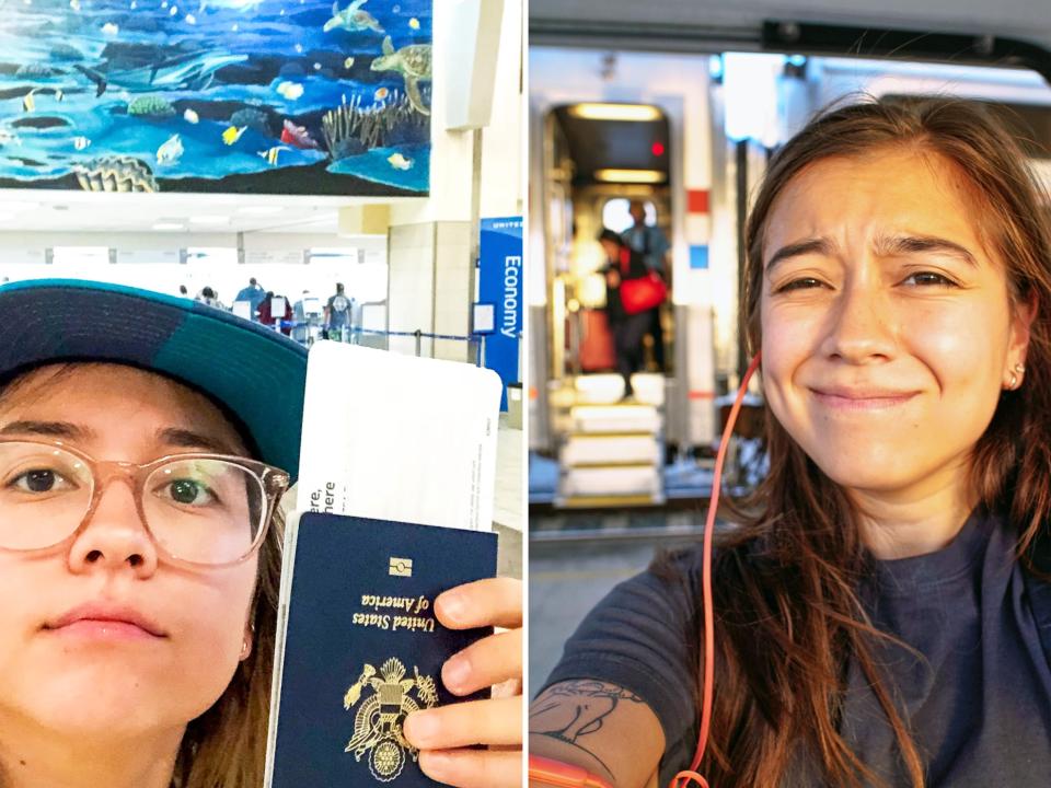 The author in an airport (L) and in front of a train (R)