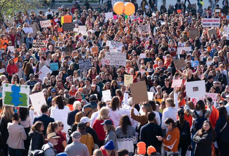 Protesters demonstrate during a Rally of Parents and Kids to End Gun Violence at the State Capitol Thursday, March 30, 2023, in Nashville, Tenn.