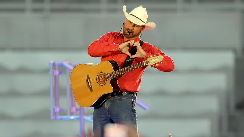 Country music superstar Garth Brooks performs at Rice-Eccles Stadium at the University of Utah in Salt Lake City on Saturday, July 17, 2021. Brooks recently released a new album, “Time Traveler.” 