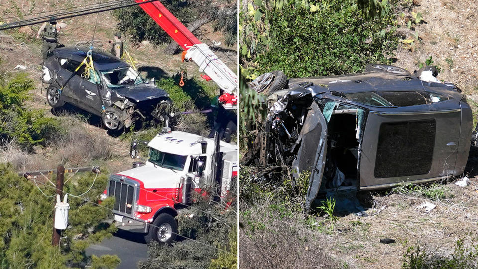 The car that Tiger Woods was travelling in suffered significant damage in the crash. Pic: AAP