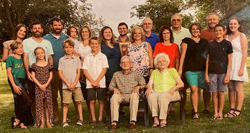 Bill and Norma Wilson, seated, have enjoyed more than 72 years of marriage. Over that time, their family has grown to include two daughters and grandchildren and great-grandchildren totaling 21 people in all.