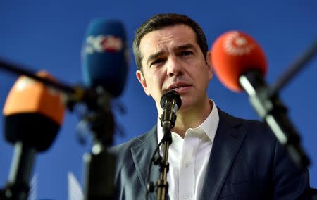 Greek Prime Minister Alexis Tsipras talks to the press after an emergency European Union leaders summit on immigration at the EU Commission headquarters in Brussels, Belgium June 24, 2018. REUTERS/Eric Vidal/File Photo