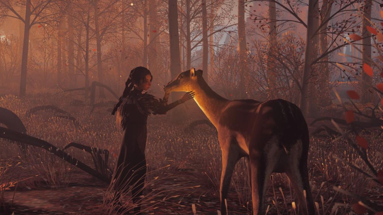  Reka - A young witch in a twilight woods pets a deer. 