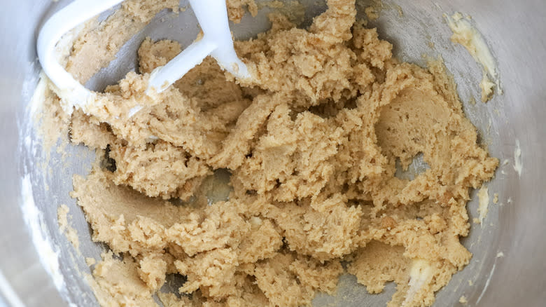 brown batter in stand mixer