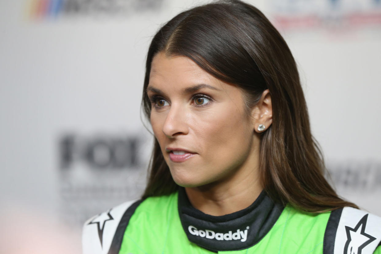 Danica Patrick speaking to the media.