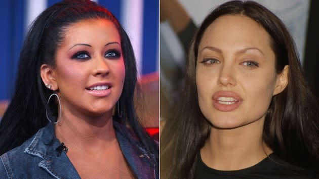 Christina Aguilera and Angelina Jolie both went for the skinny brow in the 2000s. (Photo: Theo Wargo / Mirek Towski / Staff / Getty Images)