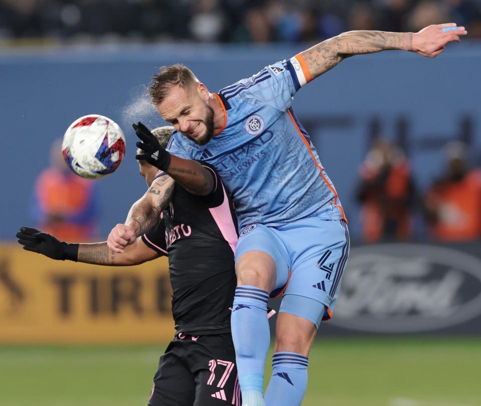 March 11: New York City FC's Maxime Chanot (4) battles for the ball against Inter Miami's Josef Martinez during the first half at Yankee Stadium.  NYCFC won the game, 1-0.