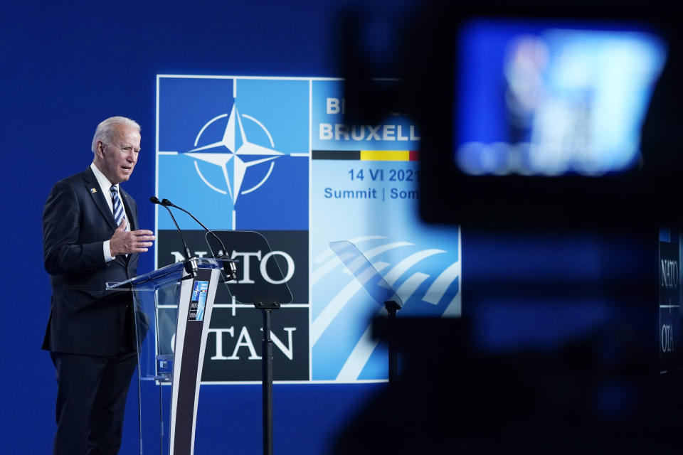 President Joe Biden speaks during a news conference at the NATO summit at NATO headquarters in Brussels, Monday, June 14, 2021. (AP Photo/Patrick Semansky)