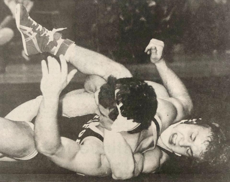 Brian DeJong of Clear Lake puts Beresford's Dale Nothdurft in a cradle during their 145-pound championship match in the 1986 state Class B wrestling touranment. DeJong won 6-0 and repeated as a state champion in 1987.