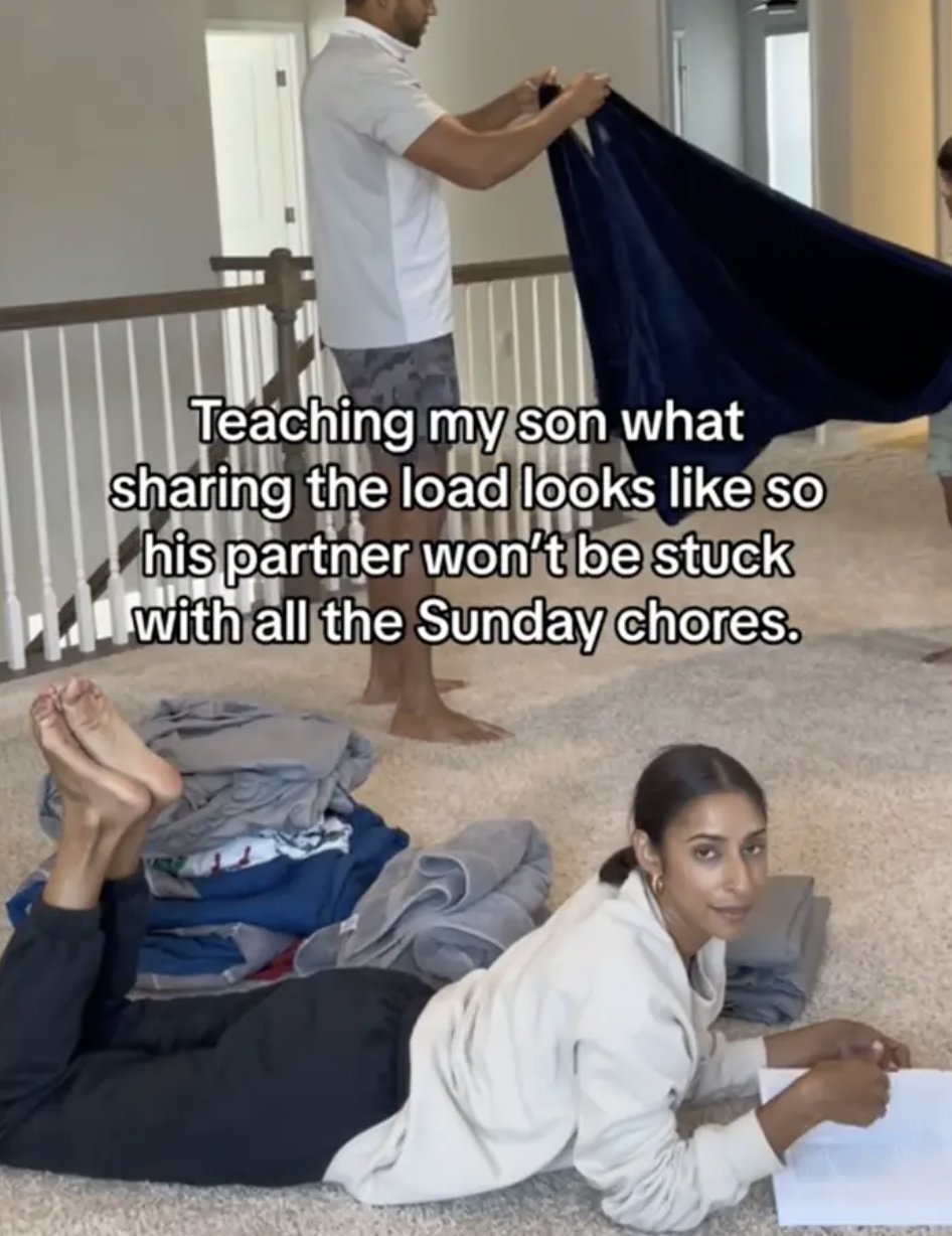 Man folding laundry with child, woman on floor with papers, text: teaching son to share chores