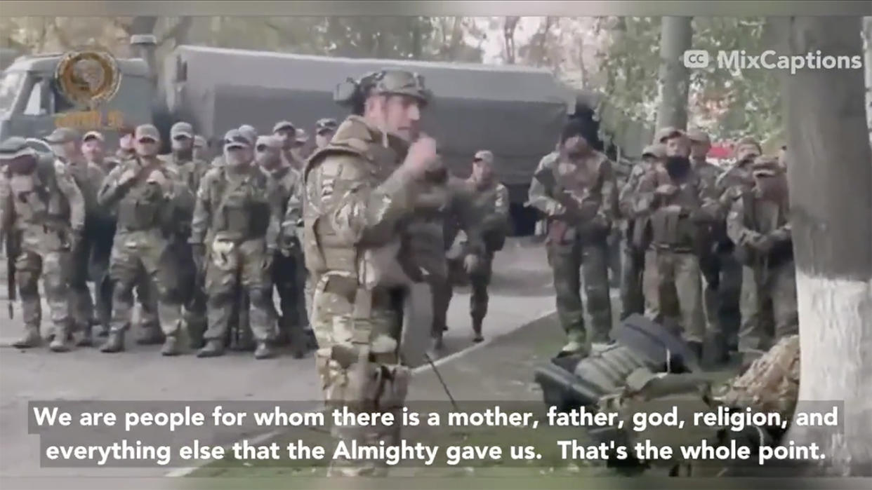 A subtitle on a screen grab from the video says: We are people for whom there is a mother, father, god, religion, and everything else that the Almighty gave us. That's the whole point.