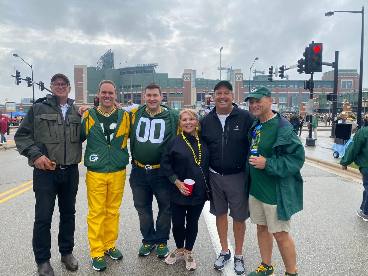 From left, Dean Koester of Atlanta, Georgia; Steve Schumer and Adam Schumer of Gillette, N.J.; Liz Moreno and Craig Ford, both of Dallas, Texas, and Andy Larsen of Rockford, Ill., at the Green Bay Packers-Pittsburgh Steelers game on Oct. 3, 2021, at Lambeau Field.