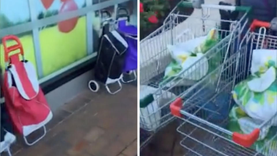 Trolleys and jeeps outside Woolworths Chadstone, allegedly full of baby formula tins. Source: Facebook