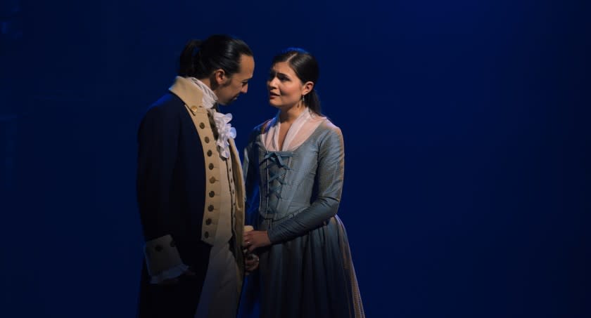 Lin-Manuel Miranda is Alexander Hamilton and Philippa Soo is Eliza Hamilton in HAMILTON, the filmed version of the original Broadway production. Photo courtesy of Disney+