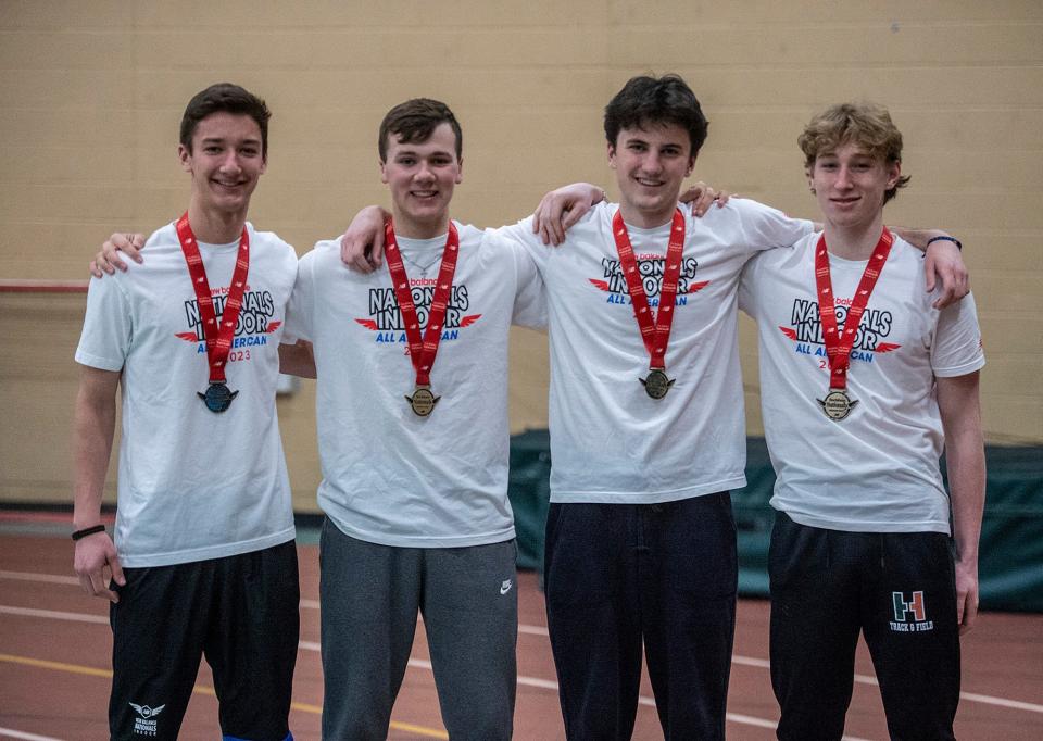 Hopkinton High School track and field athletes Drew Bialobrzeski, Declan Mick, Sean Golembiewski and Paul Litscher placed first in the 55-meter shuttle hurdle relay at theTRACK at New Balance Nationals in Boston on March 11, here at Hopkinton High School on March 15, 2023.