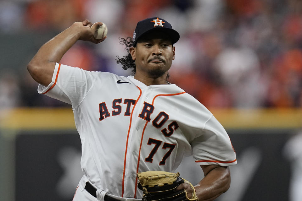 Houston Astros starting pitcher Luis Garcia throws during the first inning in Game 6 of baseball's World Series between the Houston Astros and the Atlanta Braves Tuesday, Nov. 2, 2021, in Houston. (AP Photo/Eric Gay)