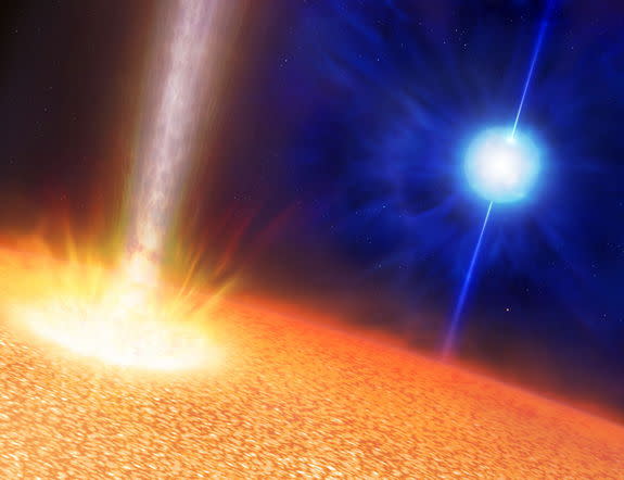 An artist’s impression of the stars creating gamma-ray bursts. The background blue star is the progenitor of a standard long duration gamma-ray burst. Image released April 16, 2013.