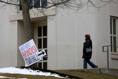 An attendee arrives for a town hall style meeting held by Democratic New York State Assembly member and congressional candidate Anthony Brindisi at Colgate University in Hamilton, New York, U.S., April 8, 2018. REUTERS/Andrew Kelly