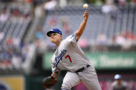 Los Angeles Dodgers starting pitcher Julio Urias throws during the first inning of a baseball game against the Washington Nationals, Wednesday, May 25, 2022, in Washington. (AP Photo/Nick Wass)