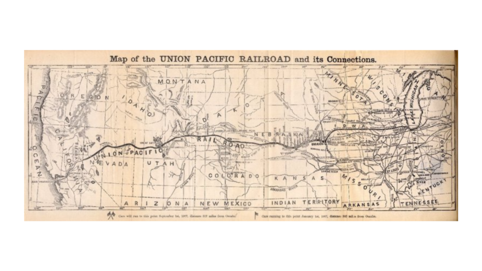 A map of the Union Pacific Railroad route in 1868. (Photo: Cornell University)