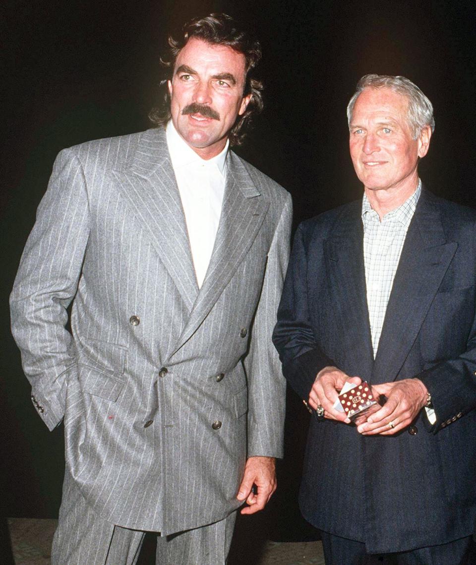 actors tom selleck left and paul newman during a benefit in honour of george schlatter at the scott newman center, usa, november 1992 photo by kyprosgetty images