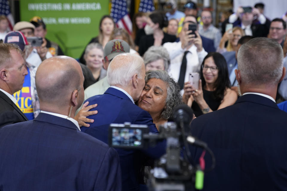 President Joe Biden greets supporters in the audience after speaking at the Arcosa Wind Towers, Wednesday, Aug. 9, 2023, in Belen, N.M. (AP Photo/Alex Brandon)