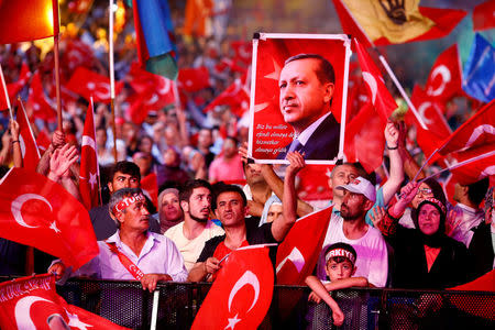 FILE PHOTO: Supporters of Turkish President Recep Tayyip Erdogan wave national flags as they listen to him through a giant screen in Istanbul's Taksim Square, Turkey, August 10, 2016. REUTERS/Osman Orsal/File Photo
