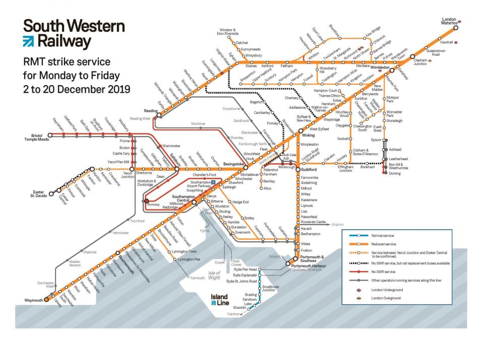 A map showing areas affected by the strike (South Western Railway)