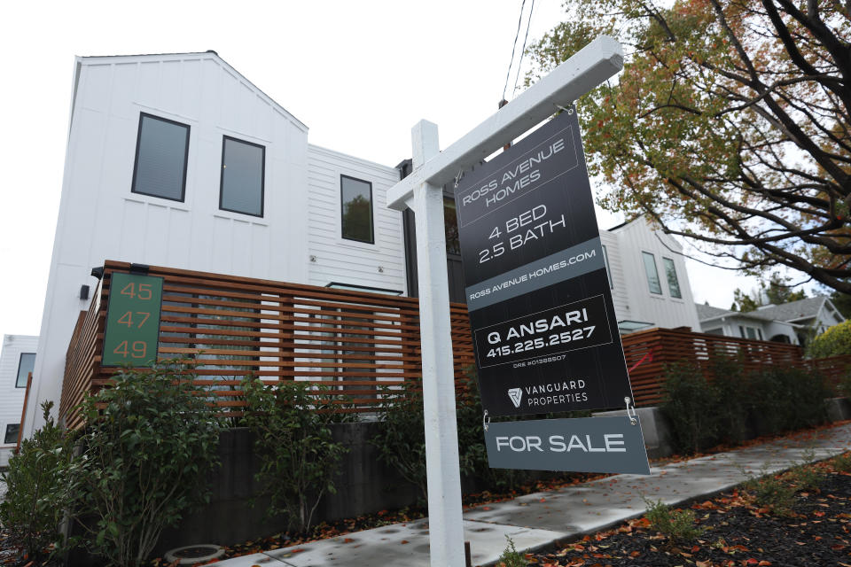 SAN ANSELMO, CALIFORNIA - MARCH 22: A for sale sign is posted in front of a home on March 22, 2023 in San Anselmo, California. Pre-existing home sale prices in the U.S. dropped for the first time in 11 years. The national average price of an existing-home fell 0.2% in February to $363,000. (Photo by Justin Sullivan/Getty Images)