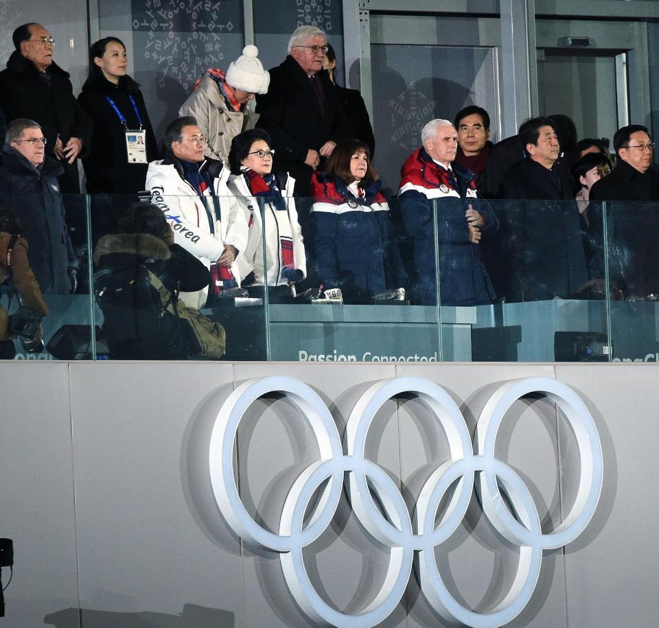 Mike Pence at the Olympics. Pictured behind him is Kim Jong-un’s sister, Kim Yo-jong (rex)